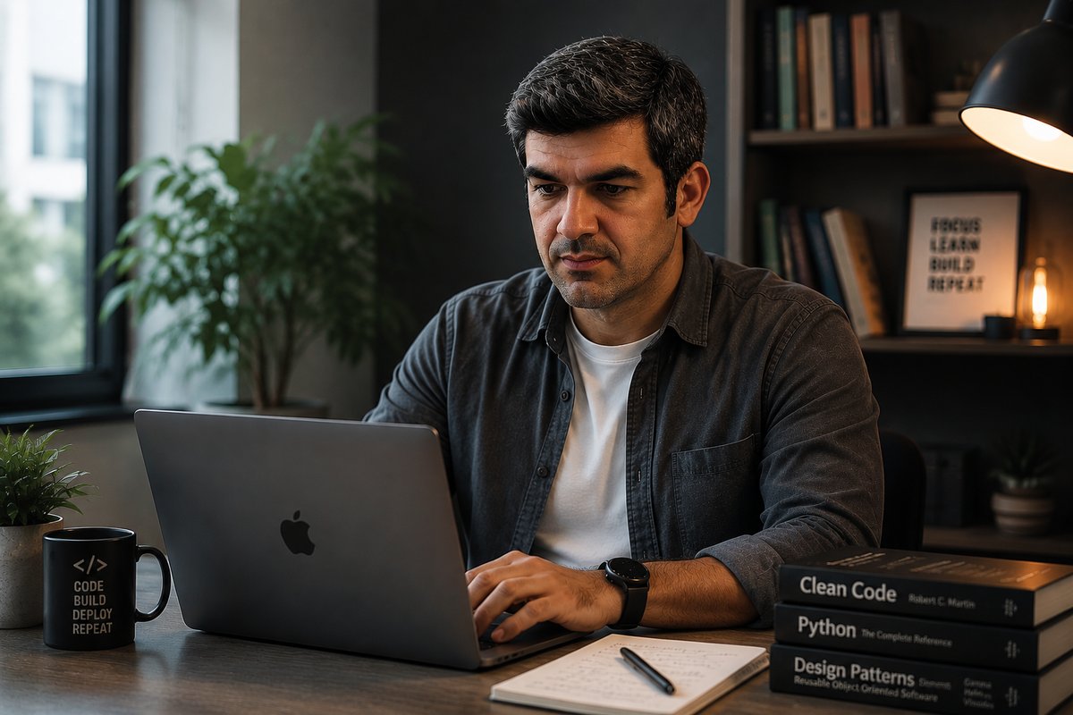 Ali Aslani working at his desk in Isfahan, MacBook open beside a Clean Code, Python, and Design Patterns book stack